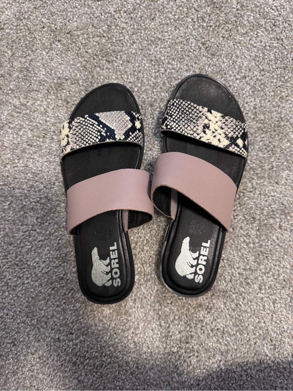 Sorel Two-Band Slide Sandals in Mauve and Snake Print